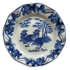 Vintage DeChang Taoci Porcelain Plate Scalloped Edge Blue White Rooster Bamboo